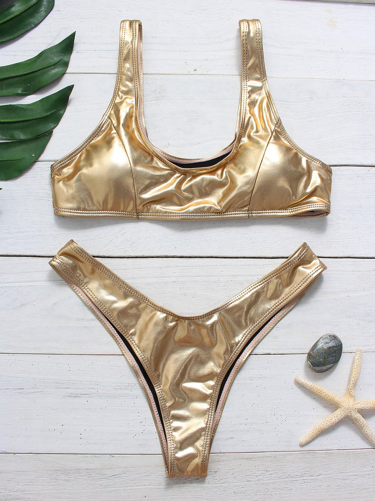 Scoop Neck Plain High Waist 2 Piece Bikini Sets