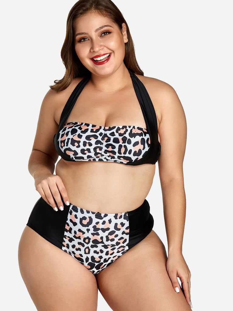 Halter Leopard Sleeveless Plus Size Swimwear