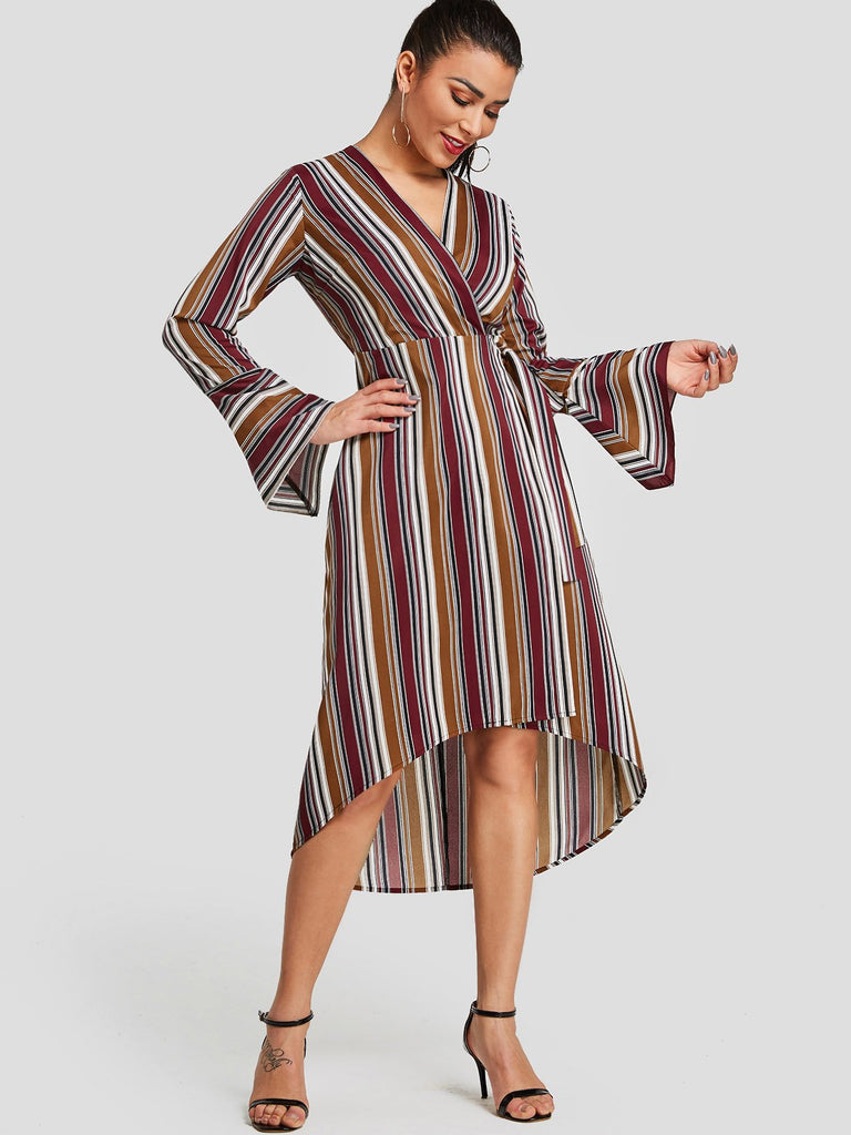 V-Neck Long Sleeve Stripe Crossed Front Belt Self-Tie Slit Hem Casual Dress