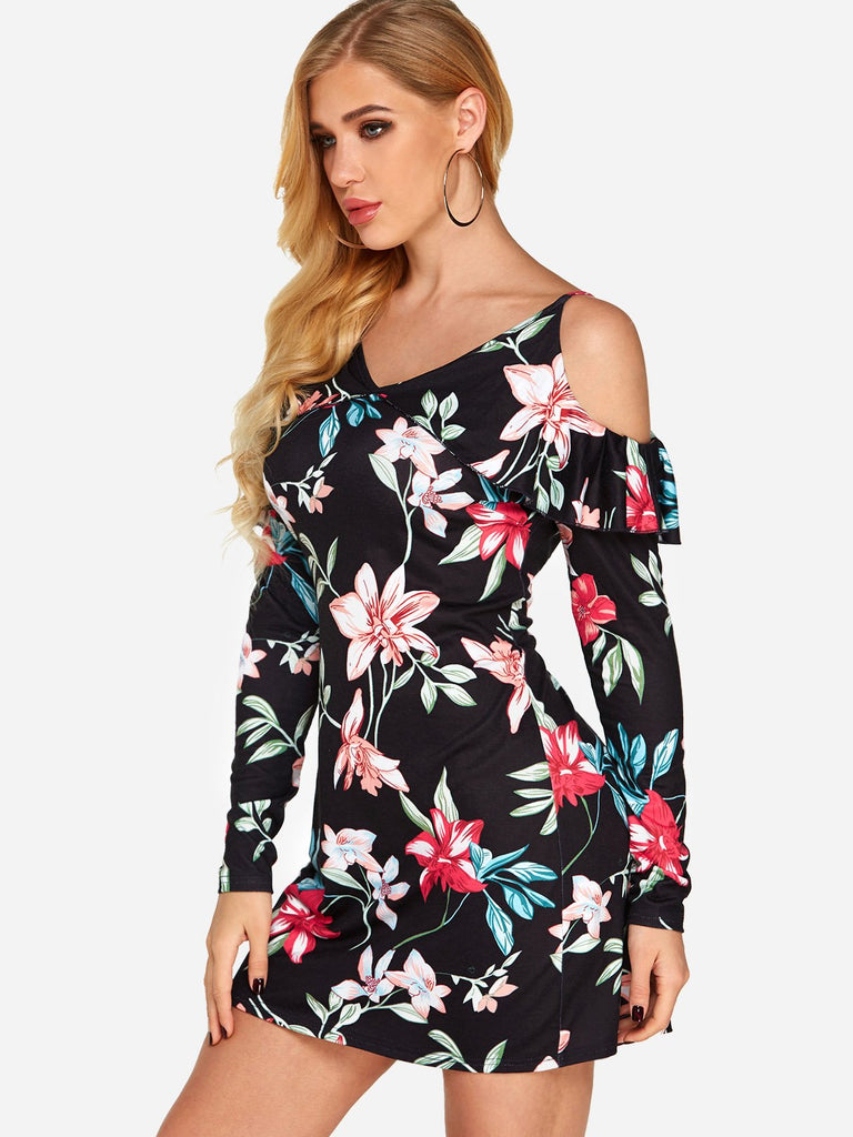 Black V-Neck Long Sleeve Floral Print Backless Dresses