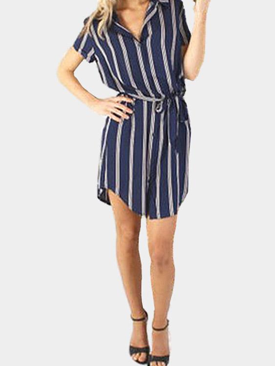 Navy Perkins Collar Long Sleeve Stripe Curved Hem Shirt Dress