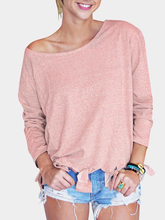 Round Neck Plain Long Sleeve Tassel Hem T-Shirts