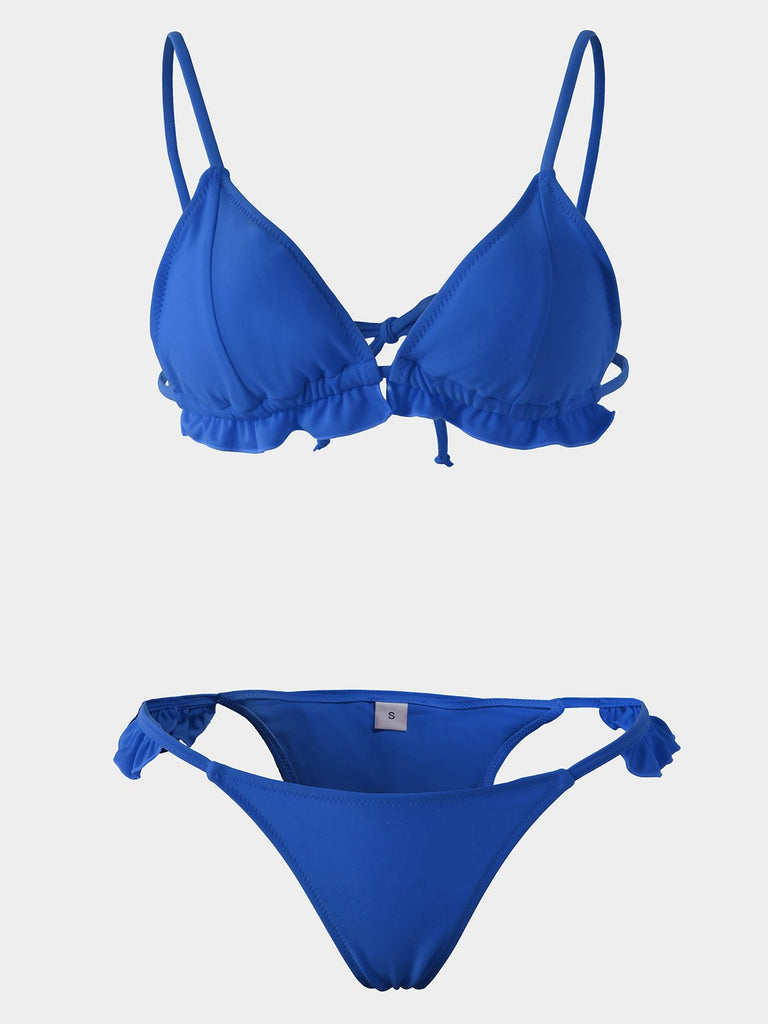 Blue Padded V-Neck Sleeveless Bikinis
