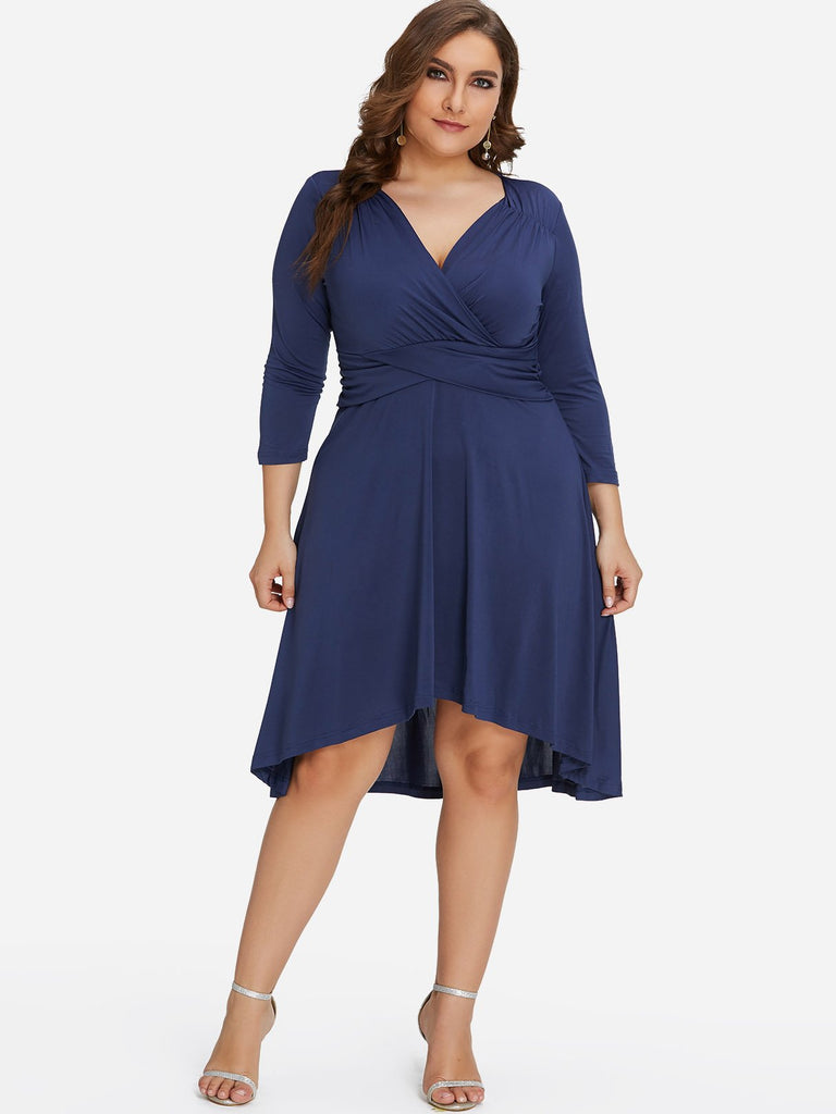 V-Neck Plain Wrap 3/4 Sleeve High-Low Hem Plus Size Dress