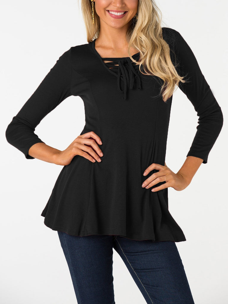 V-Neck Plain Lace-Up Cut Out Long Sleeve Black Blouses