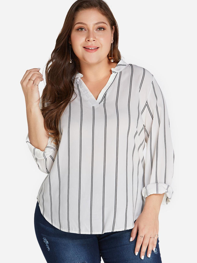 V-Neck Stripe Long Sleeve Curved Hem White Plus Size Tops