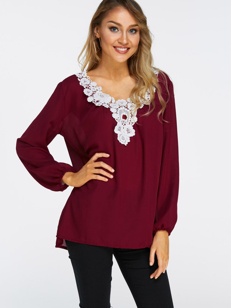 V-Neck Lace Backless Long Sleeve Irregular Hem Burgundy T-Shirts