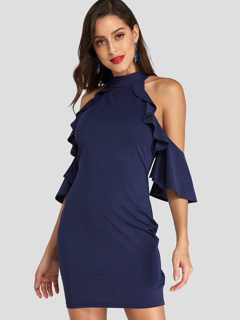 Navy Halter Cold Shoulder Cut Out Mini Dresses