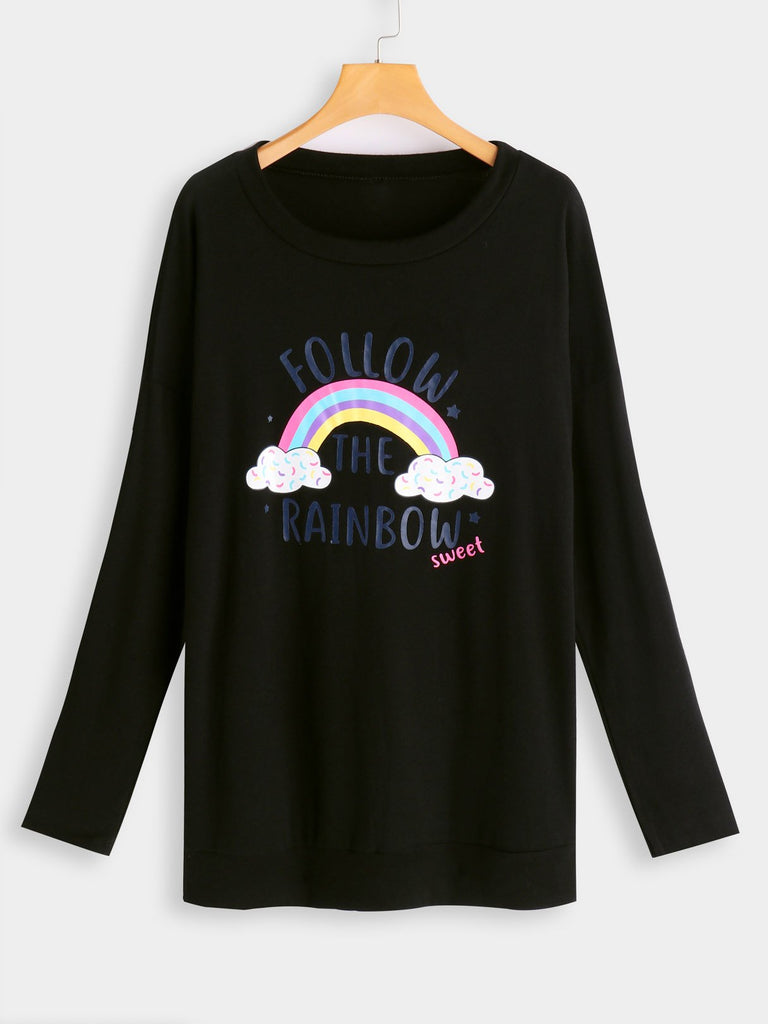 Round Neck Letter Printed Long Sleeve Black T-Shirts