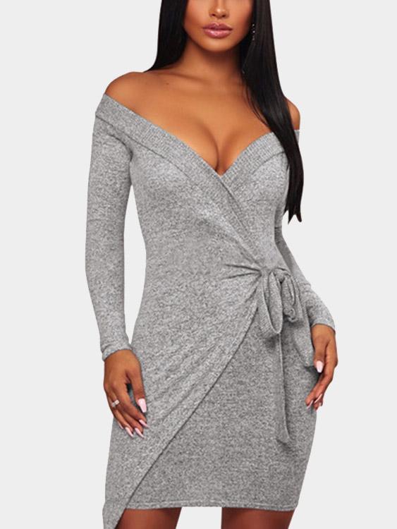 Light Grey Off The Shoulder Long Sleeve Plain Irregular Hem Mini Dress