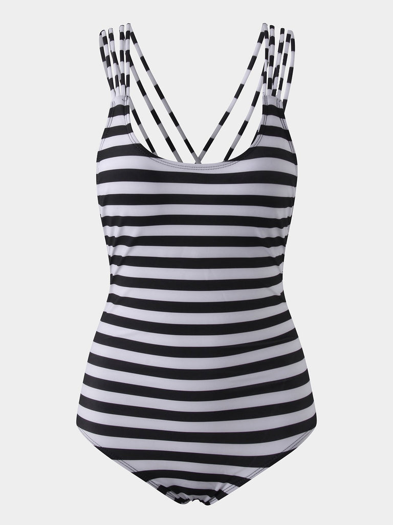 Black V-Neck Sleeveless Stripe One-Pieces