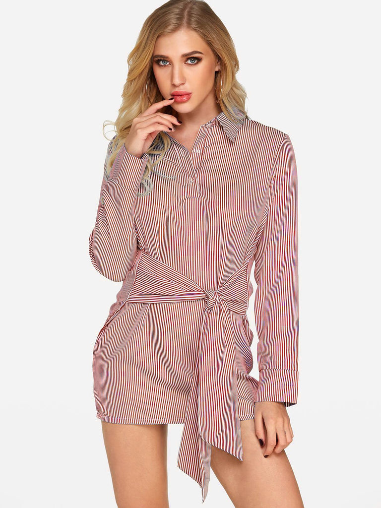 Lapel Collar Long Sleeve Stripe Self-Tie Sexy Dress