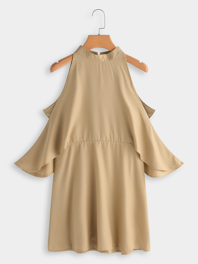 Nude Crew Neck Cold Shoulder Half Sleeve Plain Mini Dress