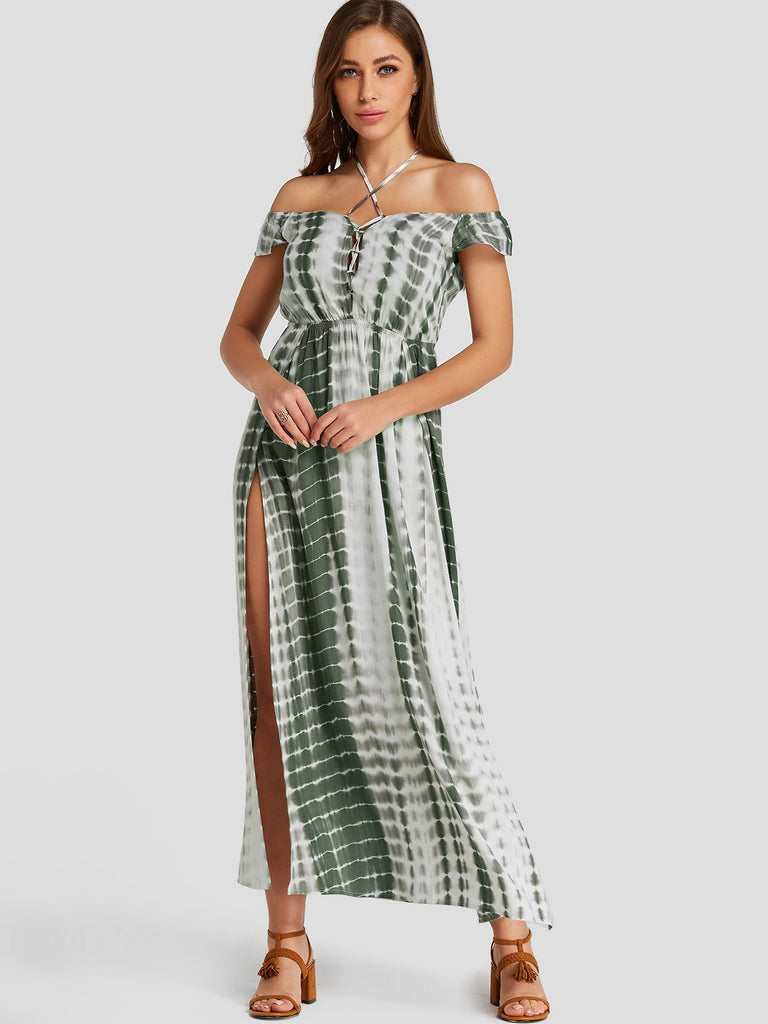 Green Halter Short Sleeve Lace-Up Slit Hem Maxi Dresses