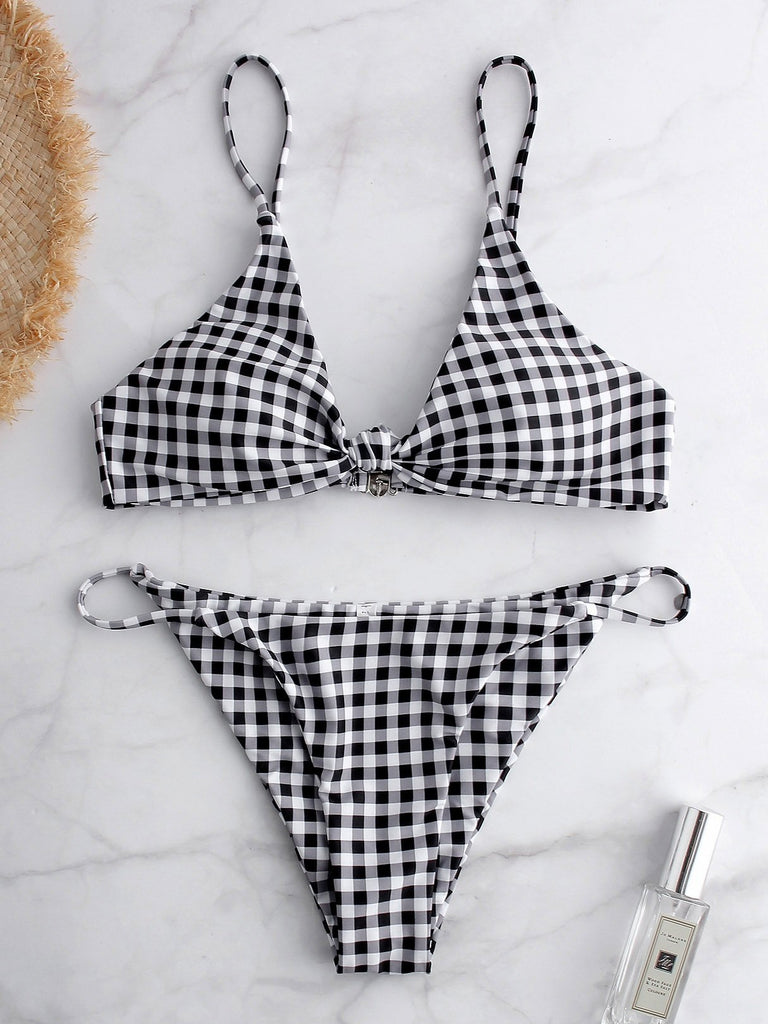 Grid V-Neck Sleeveless Grid Bikini Suit