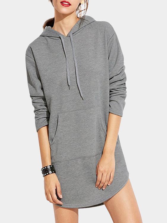 Grey Pullover Long Sleeve Hooded Curved Hem Casual Dresses
