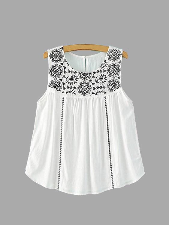 Round Neck Printed Sleeveless White Top