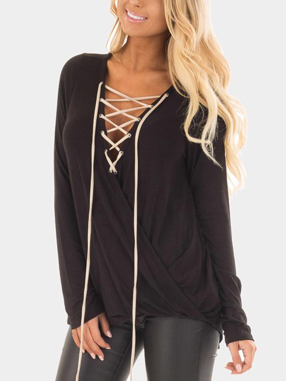 V-Neck Plain Crossed Front Lace-Up Long Sleeve Black Top