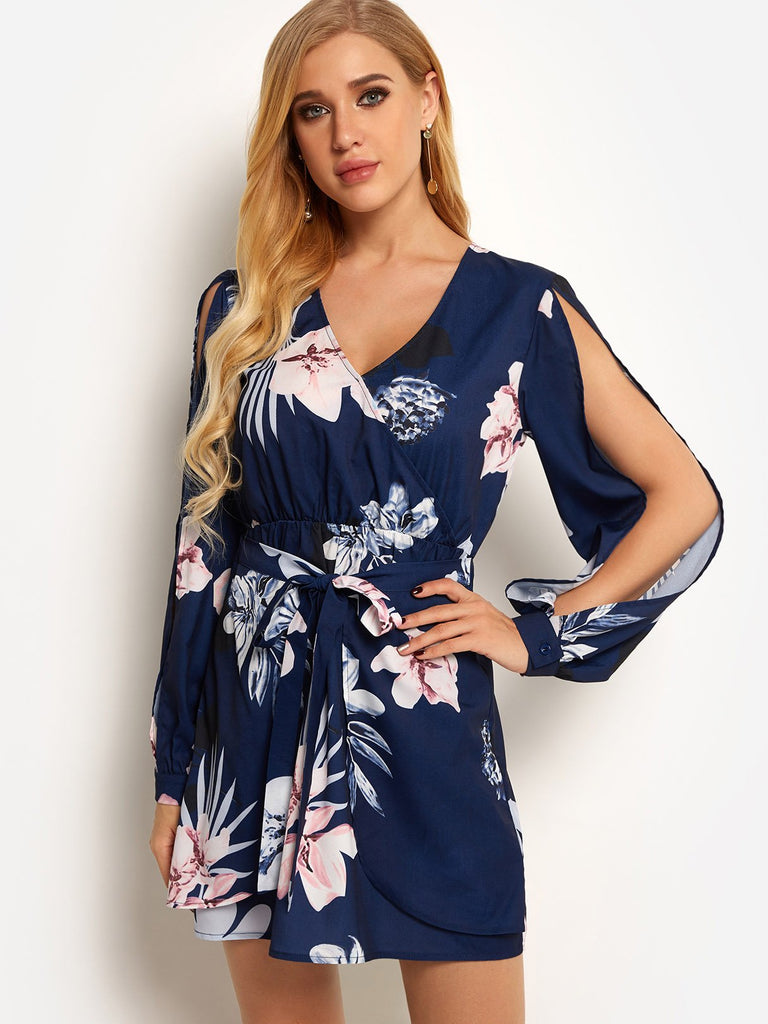 Navy V-Neck Long Sleeve Floral Print Cut Out Self-Tie Dresses