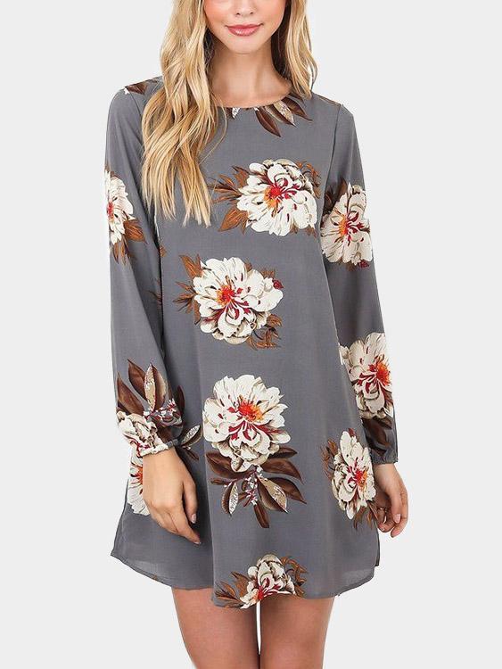 Grey Round Neck Long Sleeve Floral Print Backless Lace-Up Mini Dresses