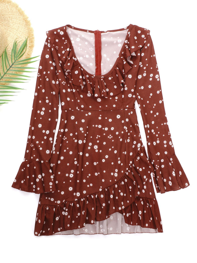 Deep V Neck Long Sleeve Printed Pleated Flounced Hem Mini Dress