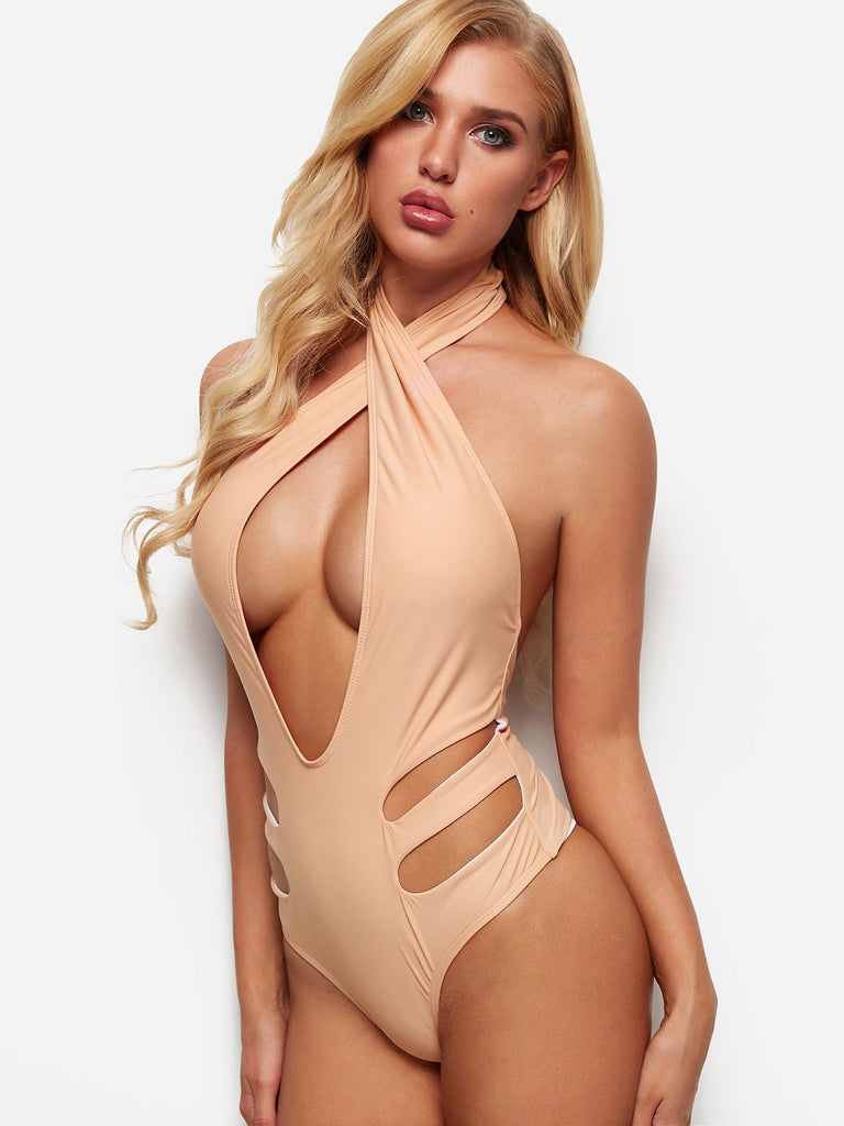 Deep V Neck Sleeveless Backless Hollow Bikinis