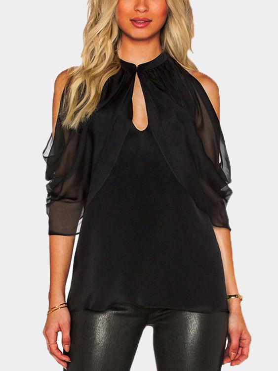 Cold Shoulder Plain Cut Out Self-Tie 3/4 Length Sleeve Black Blouses