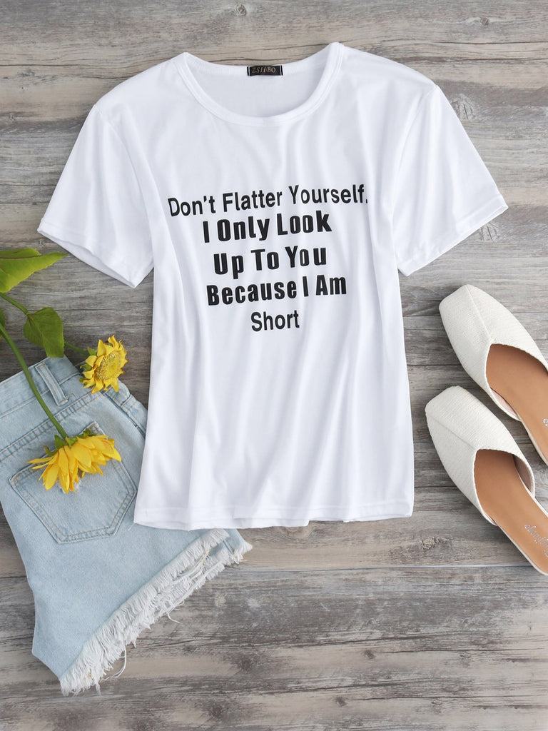 Round Neck Letter Short Sleeve White Tee