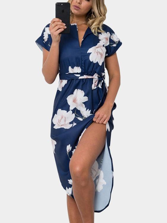 V-Neck Floral Print Slit Self-Tie Short Sleeve Curved Hem Navy Dresses