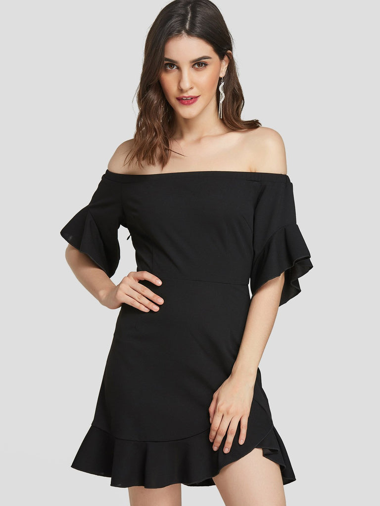 Black Off The Shoulder Short Sleeve Backless Flounced Hem Mini Dresses