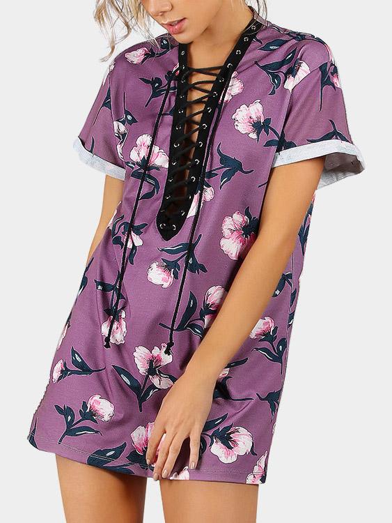 Deep V Neck Floral Print Lace-Up Short Sleeve Purple T-Shirts