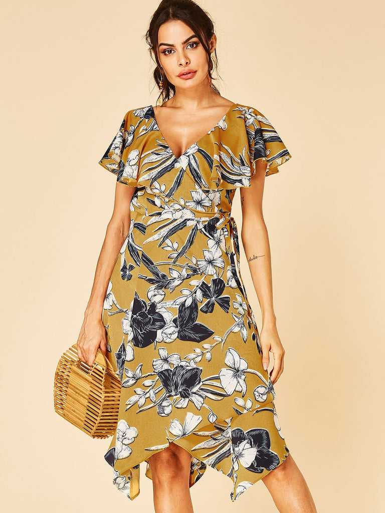 Yellow V-Neck Short Sleeve Floral Print Wrap Irregular Hem Dresses