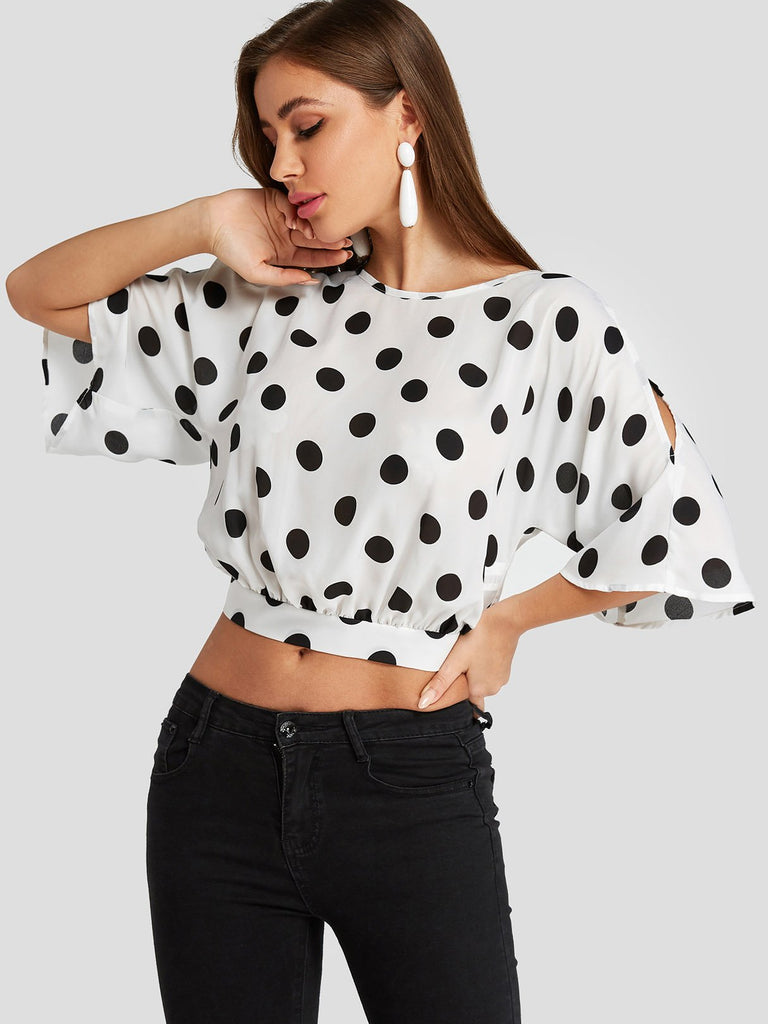 Round Neck Polka Dot Cut Out Half Sleeve White Crop Top