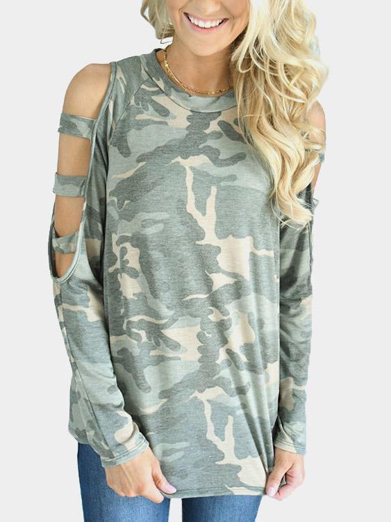 Round Neck Camouflage Cut Out Long Sleeve Green T-Shirt