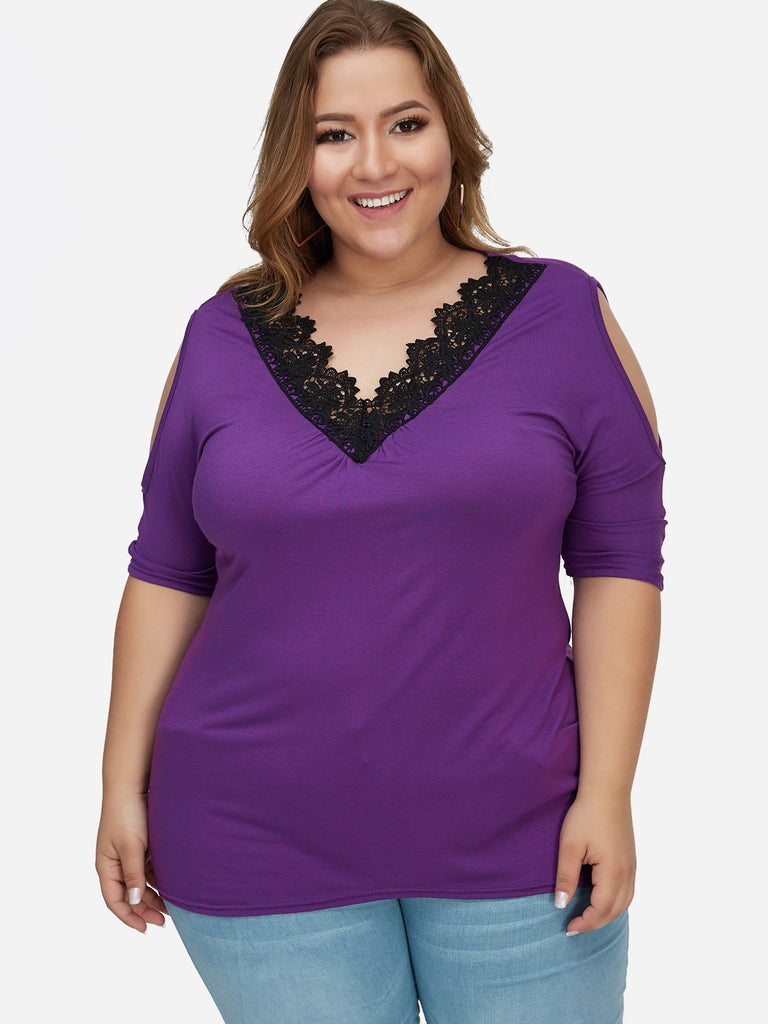 V-Neck Cold Shoulder Plain Lace Half Sleeve Plus Size Tops