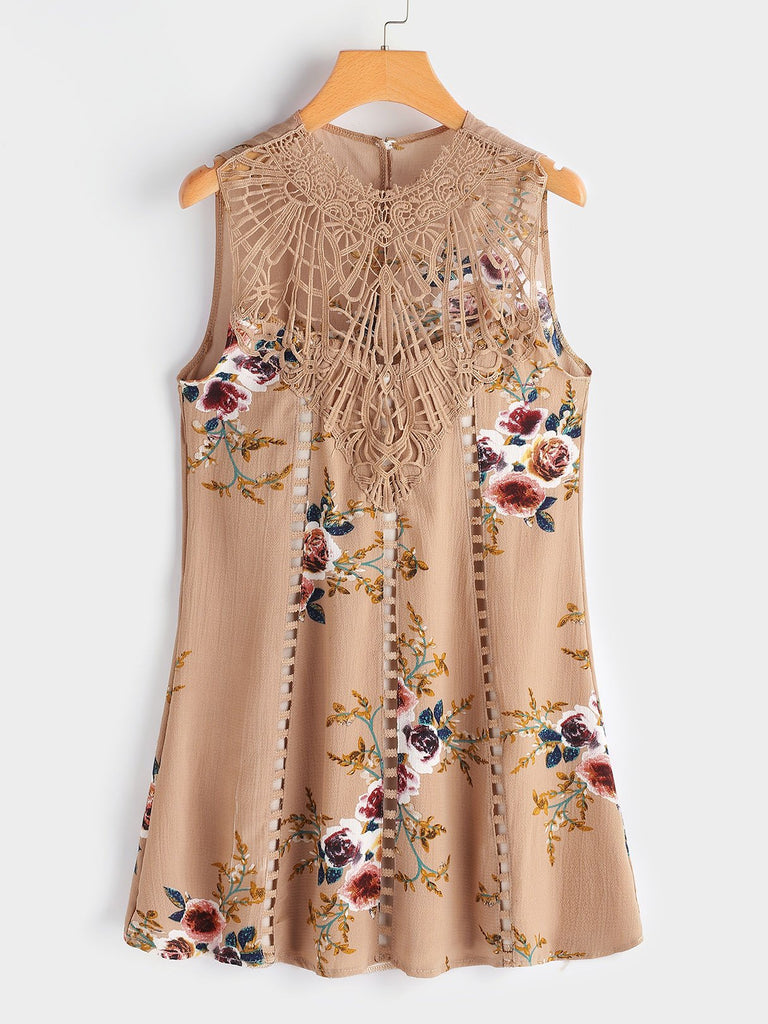Perkins Collar Floral Print Lace Zip Back See Through Sleeveless Dresses