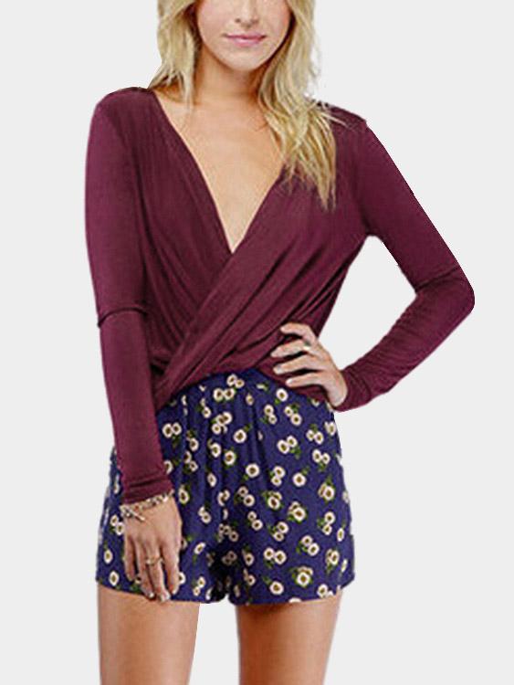 V-Neck Crossed Front Long Sleeve Curved Hem Burgundy Top