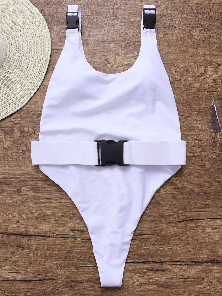 White Scoop Neck Sleeveless High Waist One-Pieces