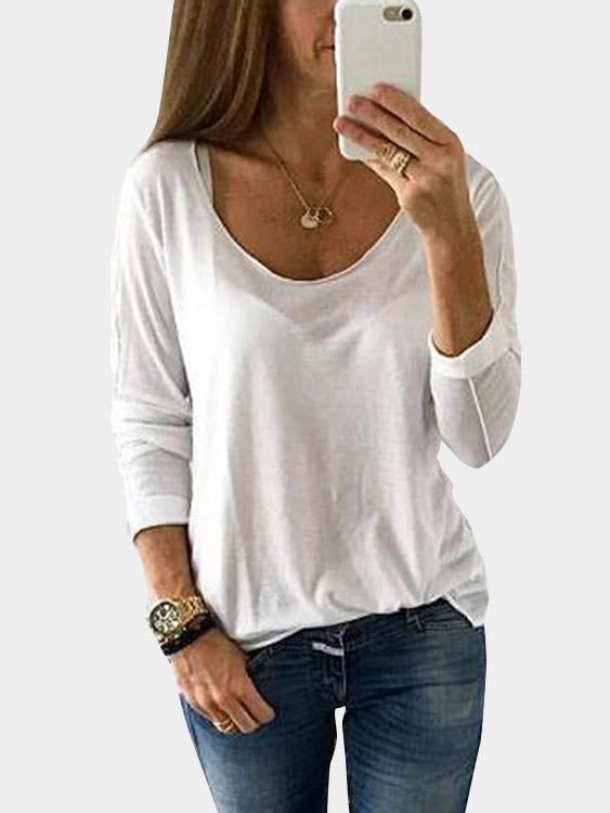 Round Neck Plain Long Sleeve White Tee