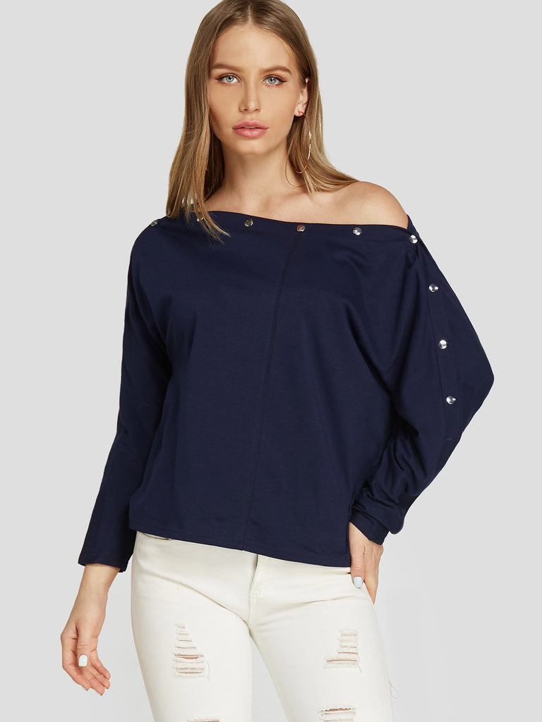 One Shoulder Long Sleeve Navy Blouses