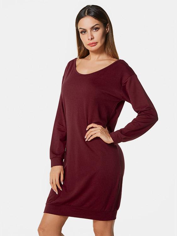 Scoop Neck Long Sleeve Plain Shirt Dresses