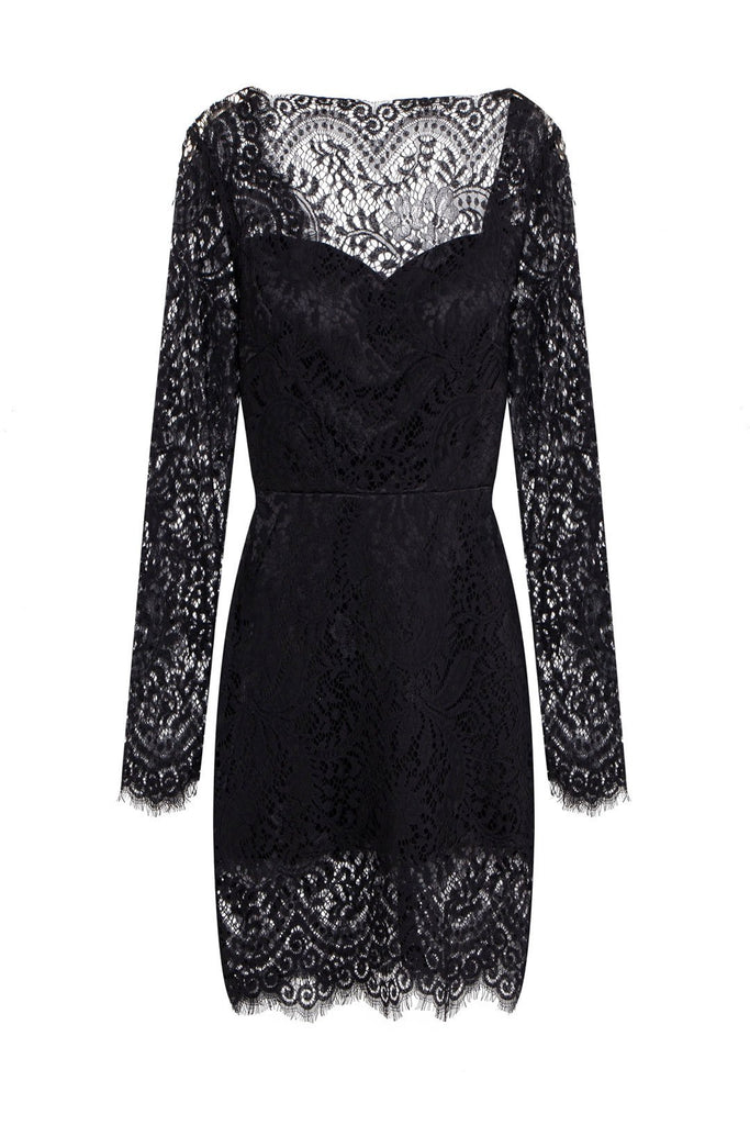Black Long Sleeve Lace Pleated Bodycon Hem Mini Dress