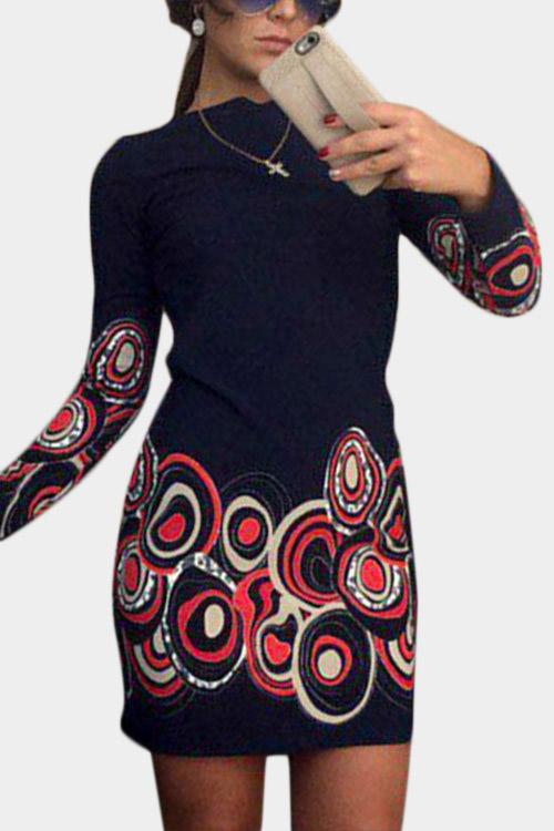 Long Sleeve Round Neck Floral Print Black Fashion Mini Dress