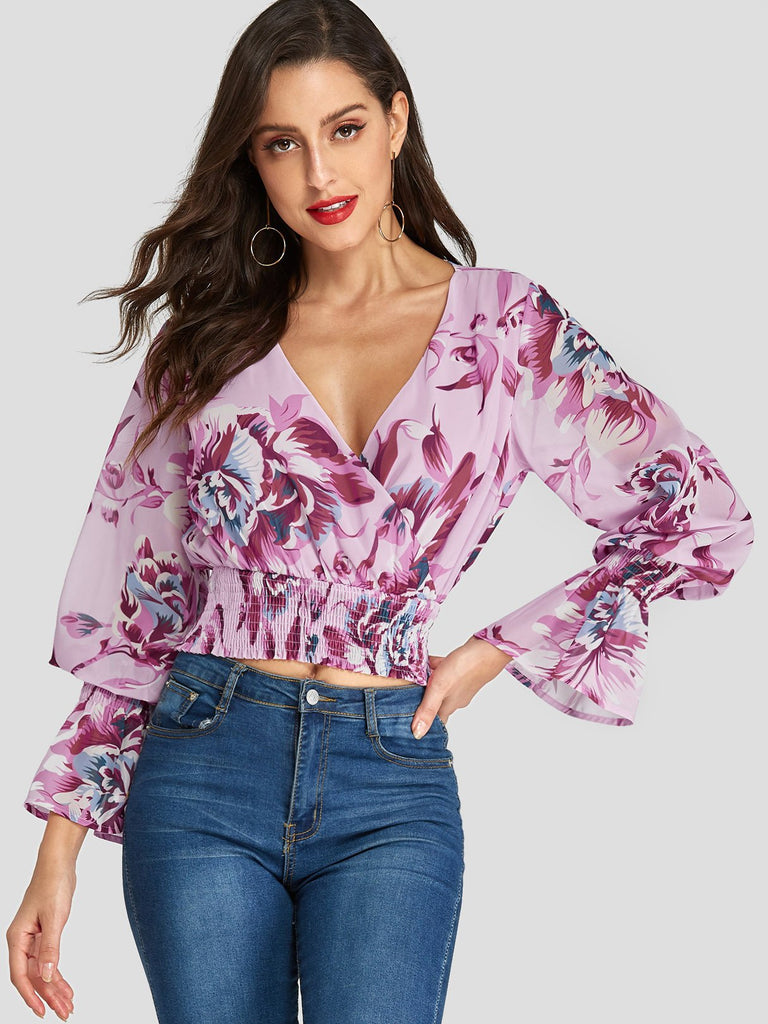 Deep V Neck Floral Print Crossed Front Long Sleeve Pink Blouses