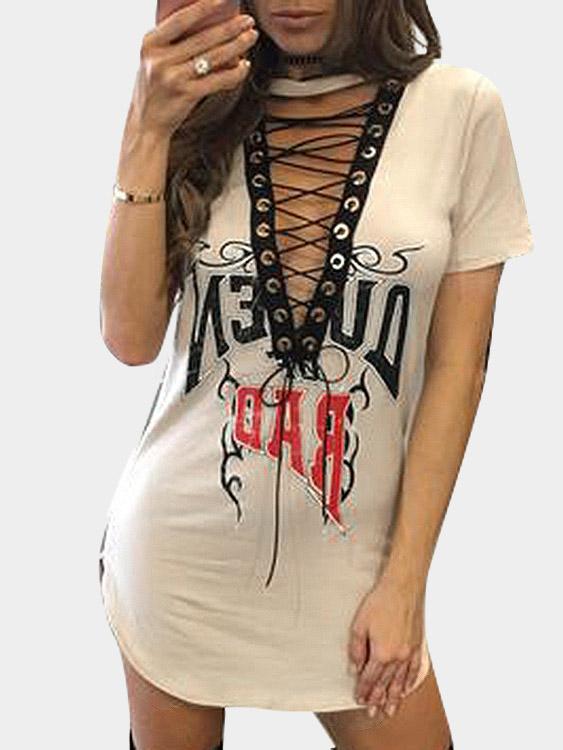 Lace-Up Short Sleeve Apricot Mini Dress