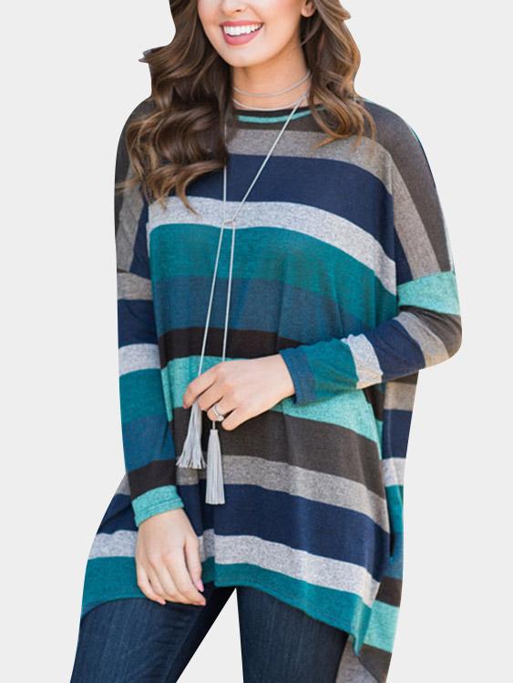 Round Neck Stripe Long Sleeve Irregular Hem Blue T-Shirts