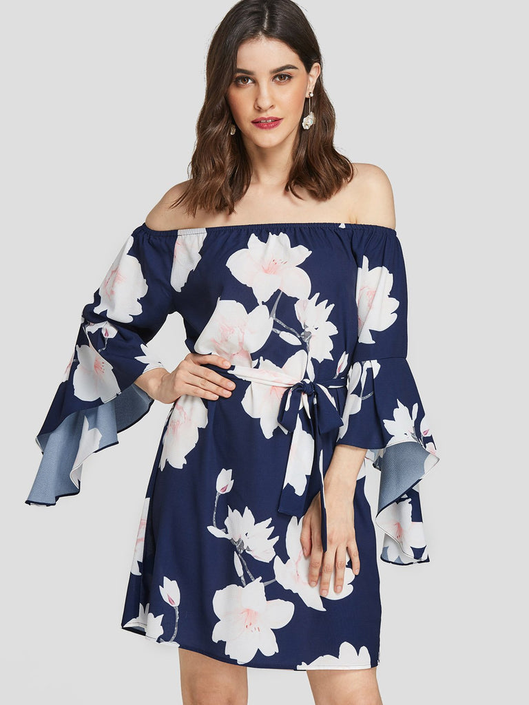 Navy Off The Shoulder 3/4 Sleeve Length Floral Print Self-Tie Mini Dresses