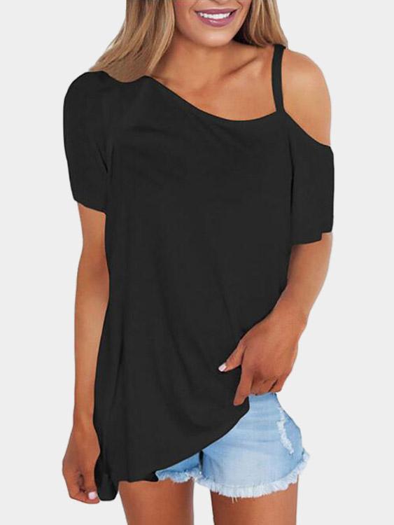 One Shoulder Short Sleeve Black T-Shirts