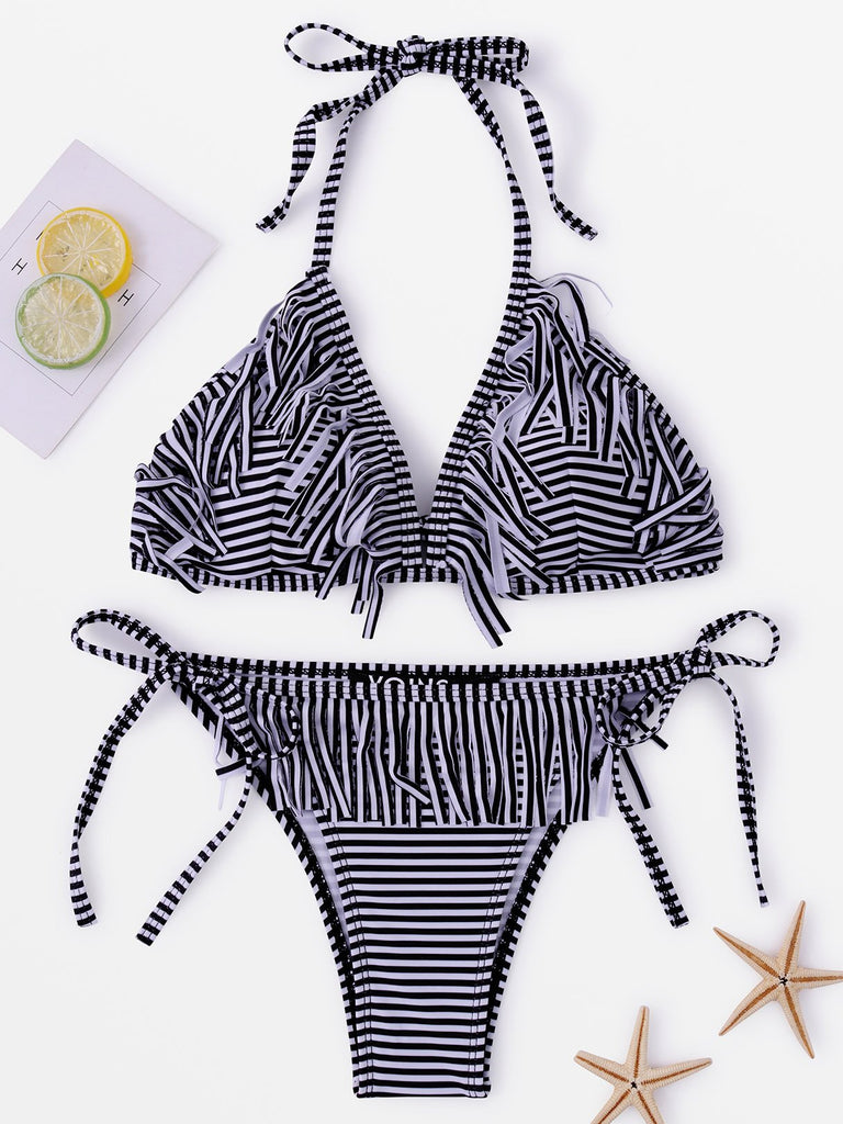 Halter V-Neck Sleeveless Stripe Tassel Two Piece Bikinis