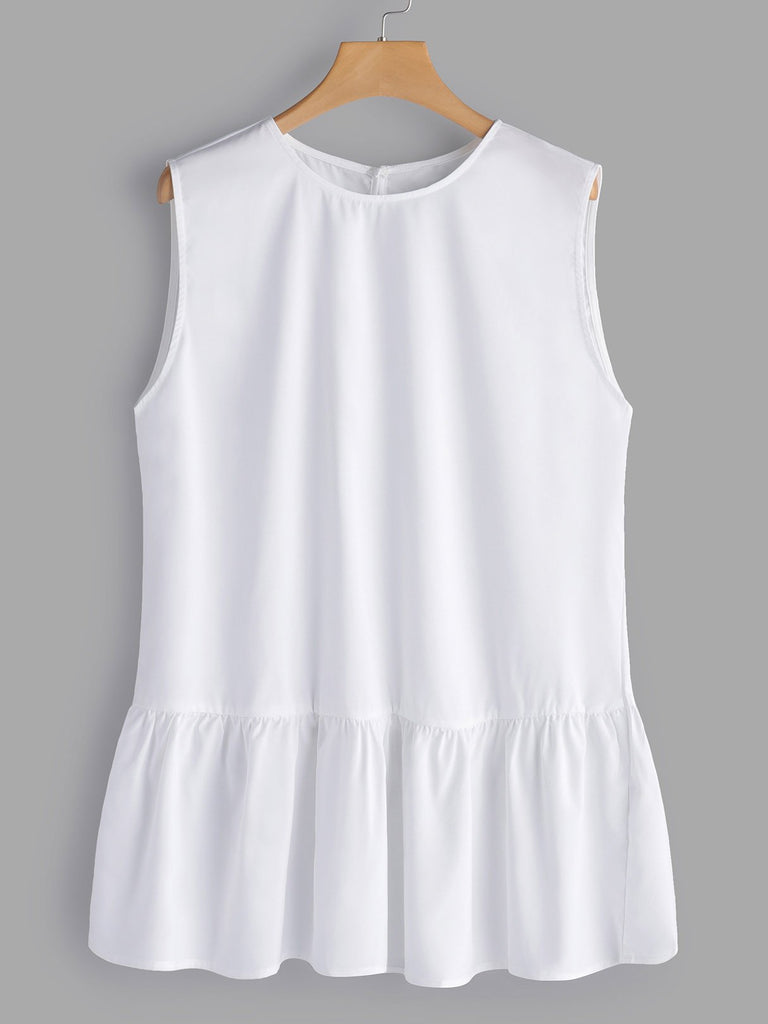 Round Neck Plain Sleeveless Flounced Hem White Plus Size Tops